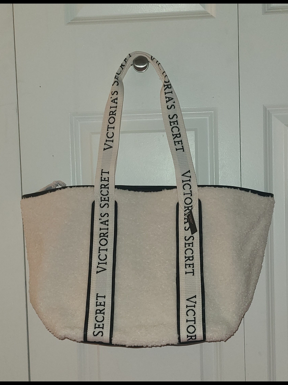 Victoria's Secret Cream Sherpa Tote with Black-Trim Logo Straps